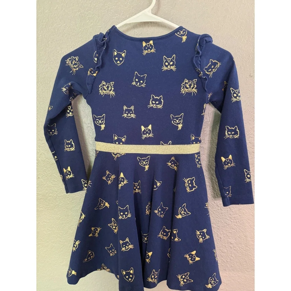 Mini Boden Girls Navy Blue Gold Foil Cat Face Ruffle Skater Dress Size 7-8Y